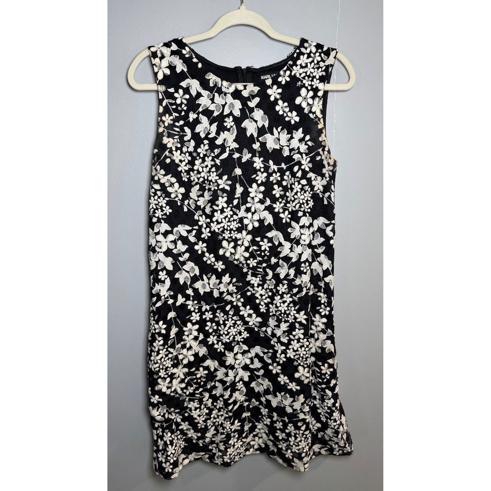 Karl Lagerfeld Paris Women Black White Floral Shift Dress Size 6 Sleeveless LBD